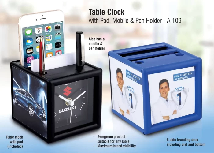 A109 – Table Clock With Pad And Mobile Holder (4 Side Branding Area) (Branding Included) (MOQ: 200 Pcs)