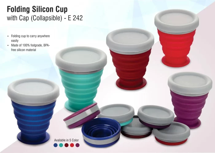 E242 – Folding Silicon Cup With Cap (Collapsible)